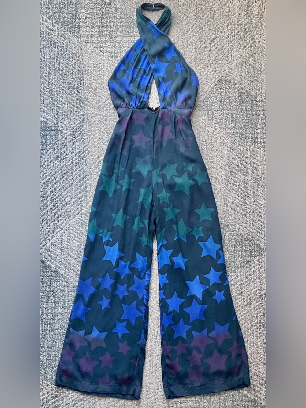 Rare MARA HOFFMAN Starblast Jumpsuit Blue Cross Halter Neck Wide Leg Star Print